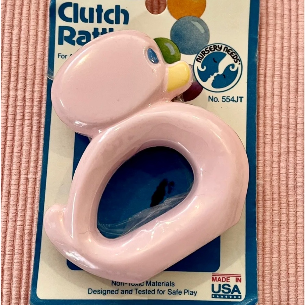 Vintage Nursery Needs Baby Clutch Rattle Pink Duck